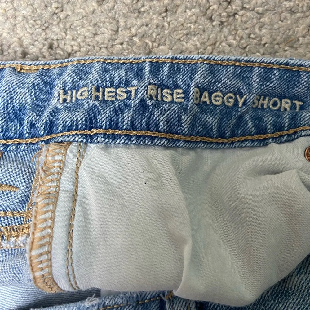 American Eagle Outfitters High Rise Baggy Long Jean Shorts Distressed Frayed Hem